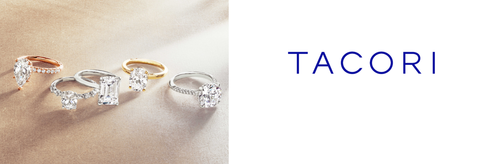 Banner of a gathering of various engagement rings from TACORI
